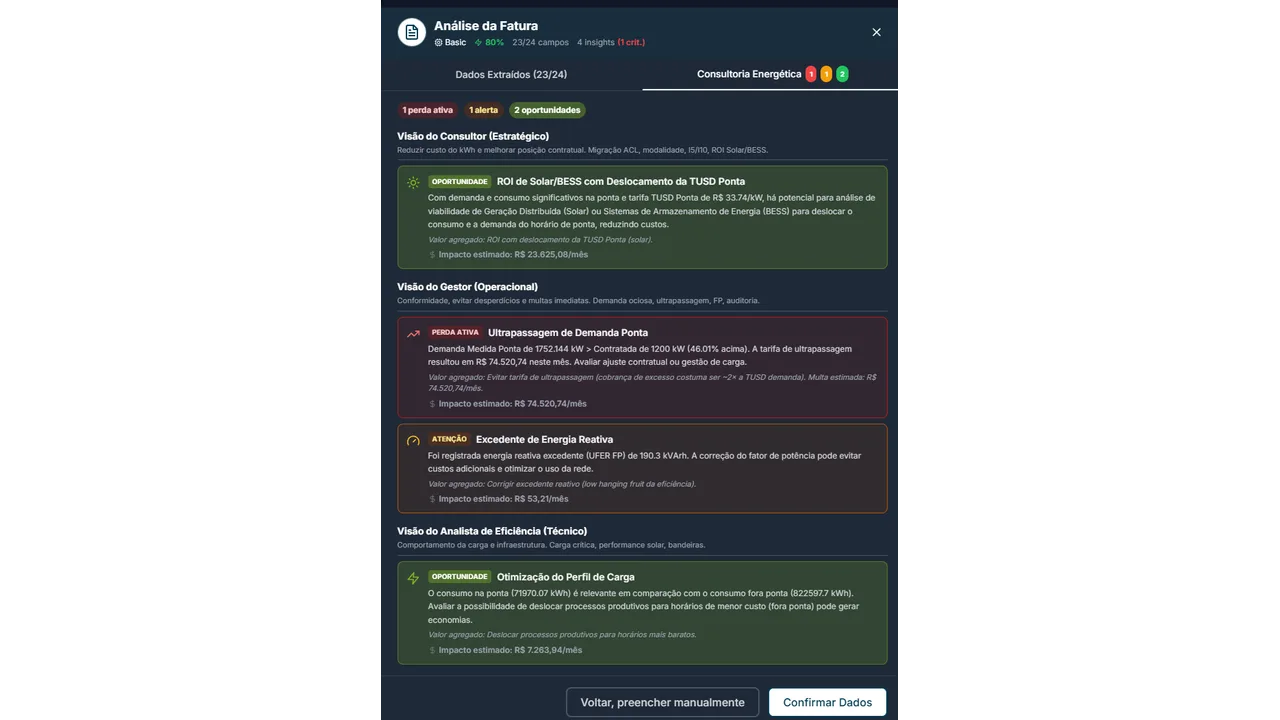Leitura de fatura por IA com extracao de dados e consultoria no Energy Brain