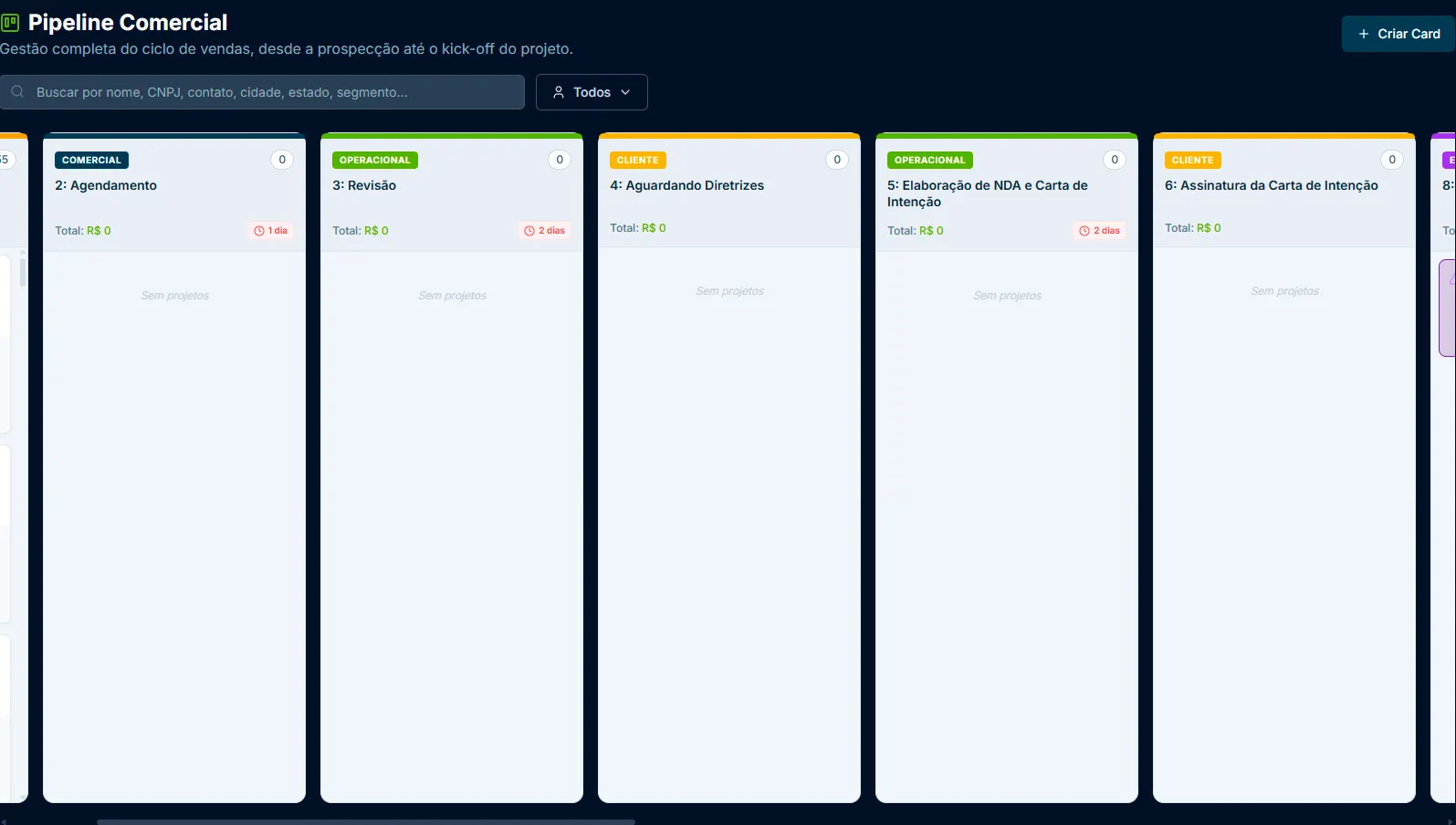 Pipeline Kanban do Energy FLOW CRM para EPCistas